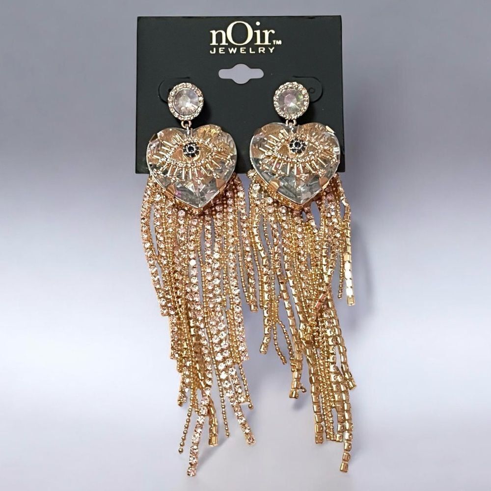 nOir Jewelry Gold Tone Crystal Heart Evil Eye Fringe Earrings